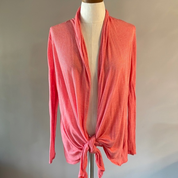 ELLEN TRACY pinstripe 3 ways cardigan wrap lightweight knit coral white M/L - Picture 3 of 12